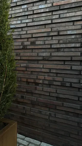 Detailaufnahme einer dunklen Langformat-Klinkerfassade mit moderner Bepflanzung